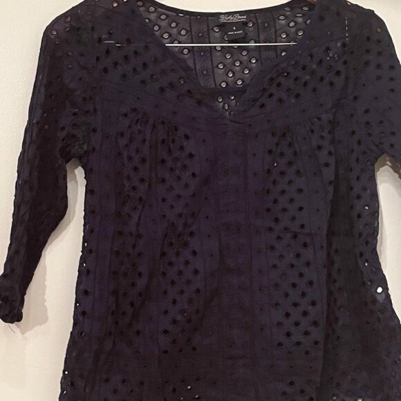 Lucky Brand 3/4 Sleeve Navy Eyelet Blouse (Size Small) - Picture 2 of 9